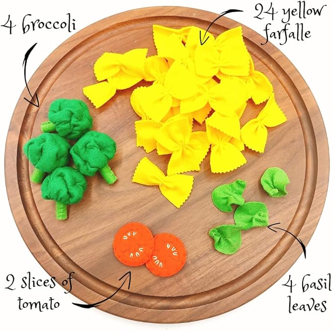 Pasta with broccoli, farfalle, bow tie pasta, felt play food for kids kitchen, pretend play for kids (yellow, set 2 (farfalle, broccoli, tomatoes, basil))