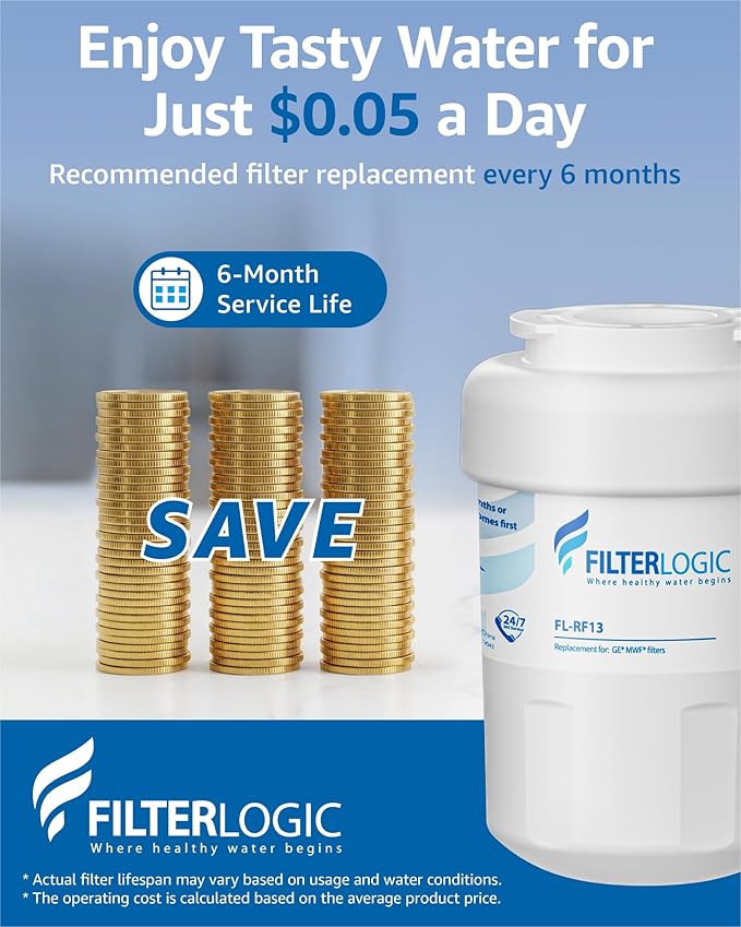 Filterlogic FL-RF13 Replacement for GE® MWF®, SmartWater® MWFP, MWFA, GWF, HDX FMG-1, GSE25GSHECSS, RWF1060, Kenmore® 9991 Refrigerator Water Filter, 3 Filters