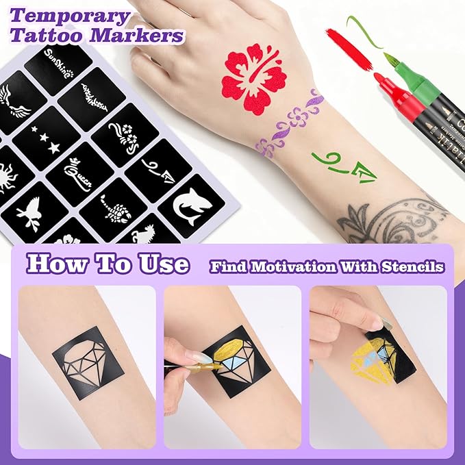 Temporary Tattoo Markers for Skin – Dual-End 16 Colors + 80 Stencils Kit, Skin-Safe Washable Cosmetic-Grade Body Art Pens for Kids & Adults