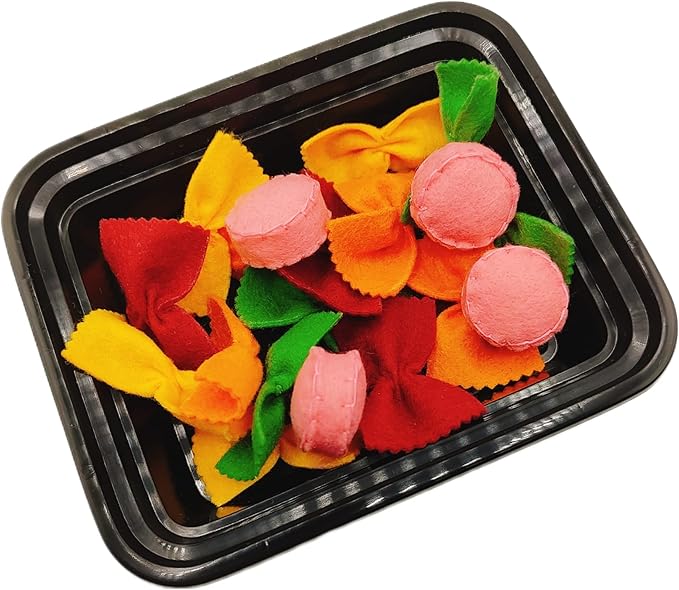 Felt play food Pasta farfalle with sausage for pretend play in kids kitchen, plush fake realistic bow tie (multi color farfalle, Small set (16 farfalle, 4 sausages))