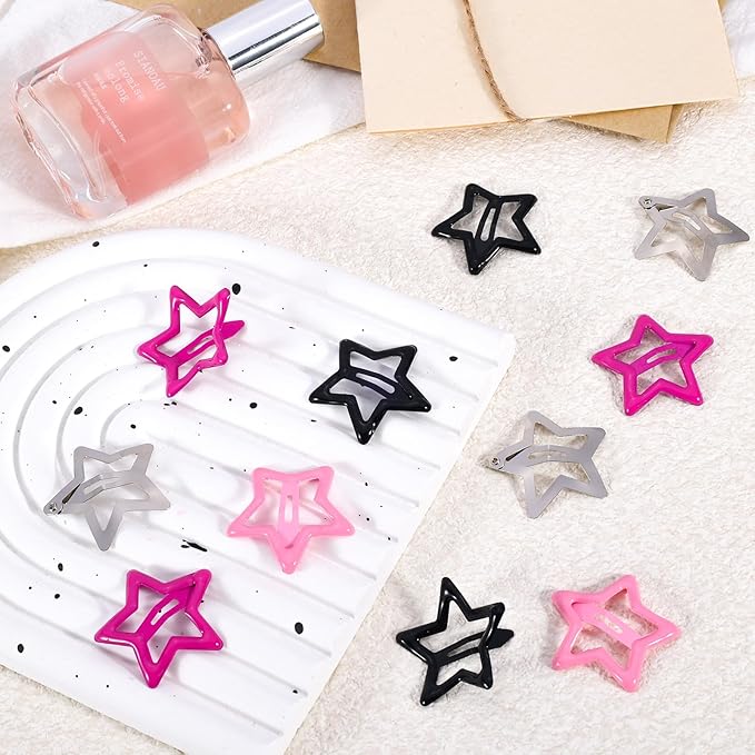 50Pcs Pink Star Hair Clips Y2K Silver Star Hair Clips for Women Metal Stars Barrettes for Hairs Non Slip Kawaii Stars Hairs Accessories for Girls Black Cute Snap Head Clip Styling Tools Gifts