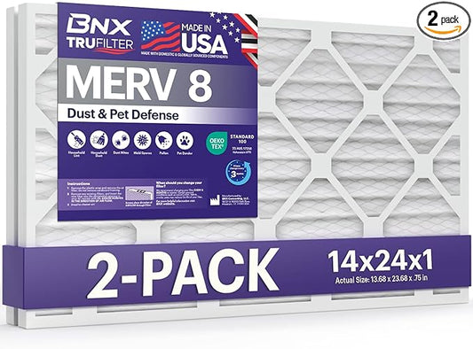BNX TruFilter 14x24x1 Air Filter MERV 8 (2-Pack) - MADE IN USA – Dust & Pet Defense Air Conditioner HVAC AC Furnace Filters for Dust, Pet, Mold, Pollen MPR 600 – 700 & FPR 5