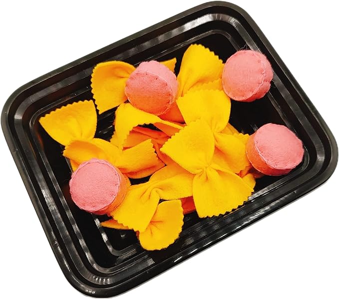 Felt play food Pasta farfalle with sausage for pretend play in kids kitchen, plush fake realistic bow tie (yellow farfalle, Small set (16 farfalle, 4 sausages))