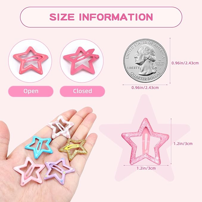 24Pcs Star Hair Clips Y2K Cute Star Hair Clips for Women Snap Metal Stars Barrettes for Long Short Curly Thin Thick Hair Bulk Pink Blue Purple Yellow Kawaii Hair Accessories for Girls Styling Tools