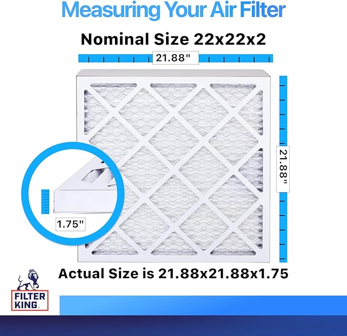 Filter King 22x22x2 Air Filter (MERV 8) (6-Pack) Dust & Allergy Control AC Furnace Filters, MADE IN USA, HVAC, Pleated, Electrostatic (Actual Size: 21.88 x 21.88 x 1.75)