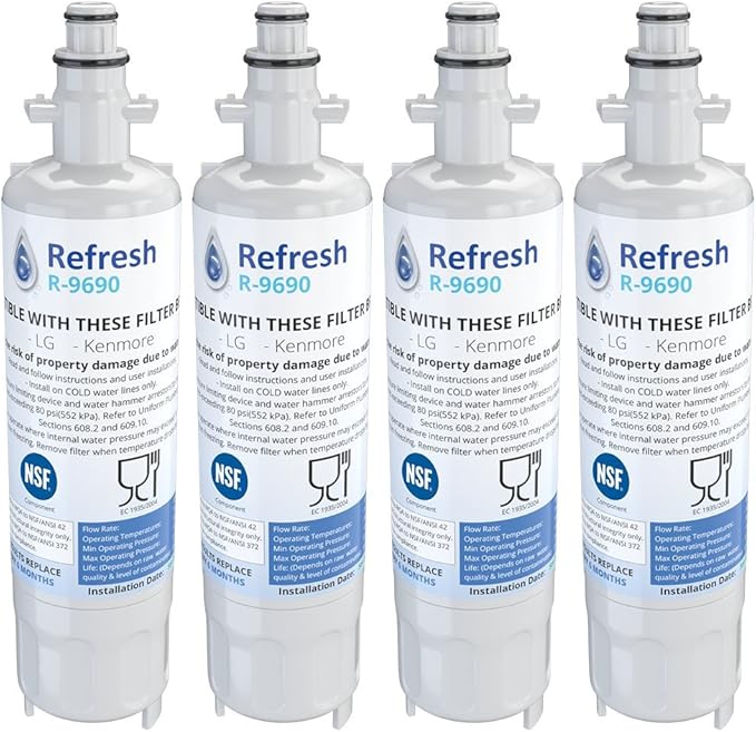 Refresh Refrigerator Water Filter Replacement - Fridge Water Filter, Compatible with LG LT700P, ADQ36006101, ADQ36006102 & Kenmore 46-9690 (4-Pack, Premium)