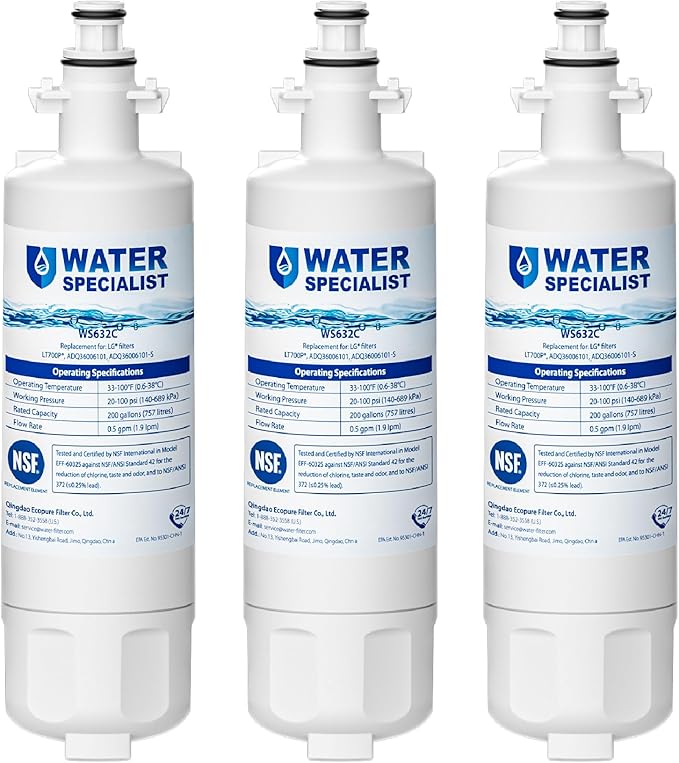 Waterspecialist 469690 ADQ36006101 Refrigerator Water Filter, Replacement for LG® LT700P®, Kenmore® 9690, ADQ36006102, 46-9690, LFXS30766S, WSL-3, FML-3, RFC1200A, Pack of 3