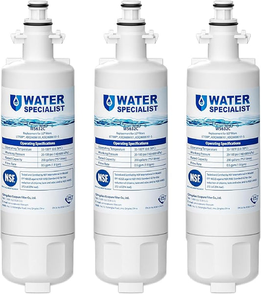 Waterspecialist 469690 ADQ36006101 Refrigerator Water Filter, Replacement for LG® LT700P®, Kenmore® 9690, ADQ36006102, 46-9690, LFXS30766S, WSL-3, FML-3, RFC1200A, Pack of 3