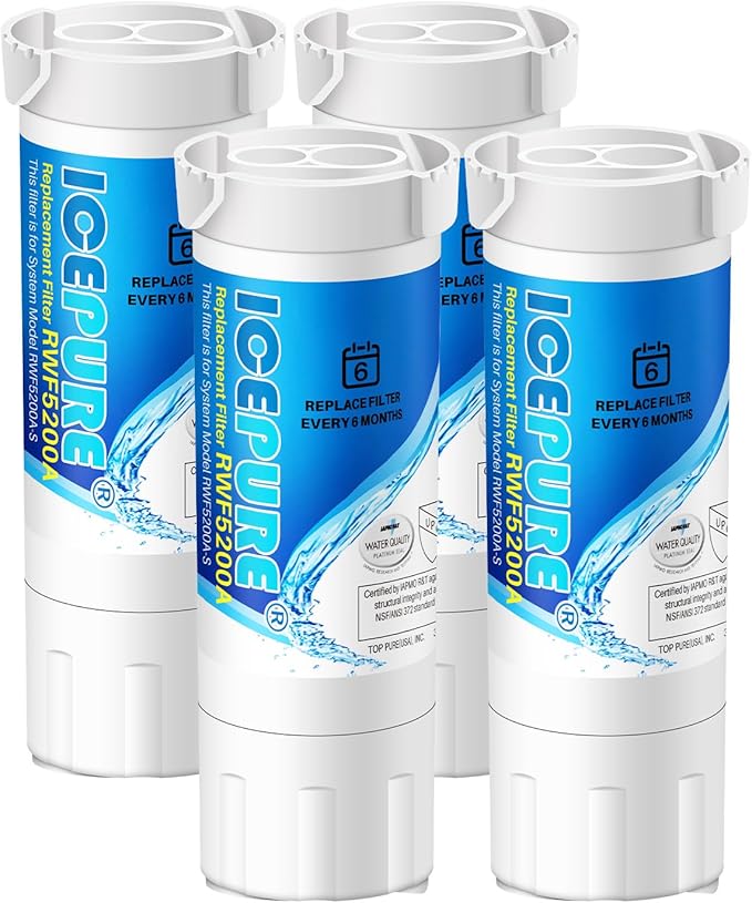 ICEPURE RWF5200A Water Filter Compatible for XWF (NOT Compatible for XWFE), WR17X30702, GE French Doors and Side-by-Side Refrigerators GDE25, GNE27, GYE18, GBE21, GDE21, GNE21, GFE24 Genuine 4PACK