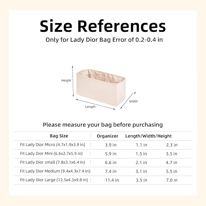 DGAZ Silk Purse Organizer Insert For Lady-Dior Micro/Mini/S/M/L bags，Silky Smooth Bag Organizer，Luxury Handbag & Tote Shaper（Craie，Mini）
