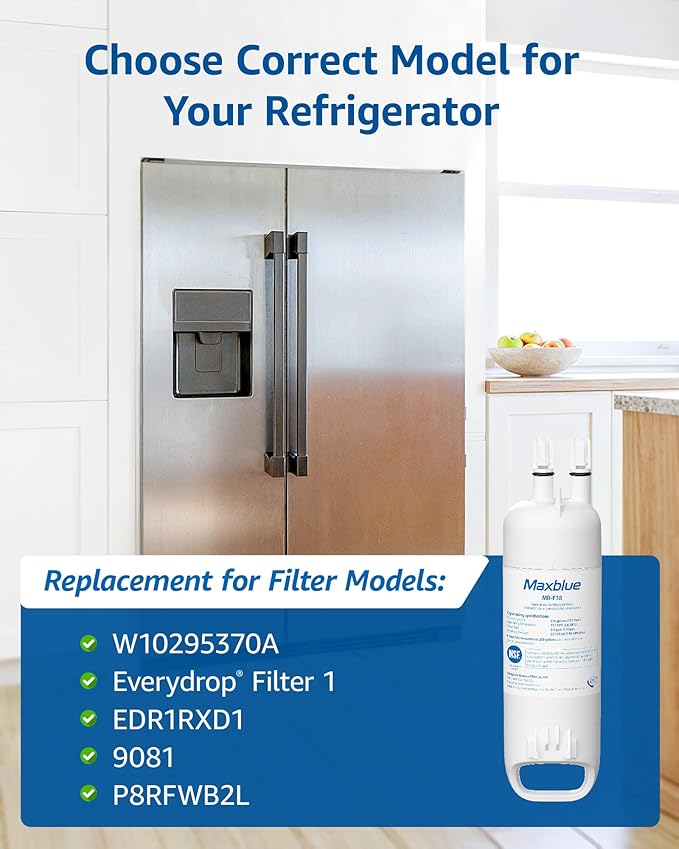 Maxblue W10295370A Replacement for Everydrop® Filter 1, Whirlpool® EDR1RXD1, EDR1RXD1B, P8RFWB2L, P4RFWB, Kenmore® 46-9081, 46-9930, MB-F38 Refrigerator Water Filter, 3 Filters (Package May Vary)