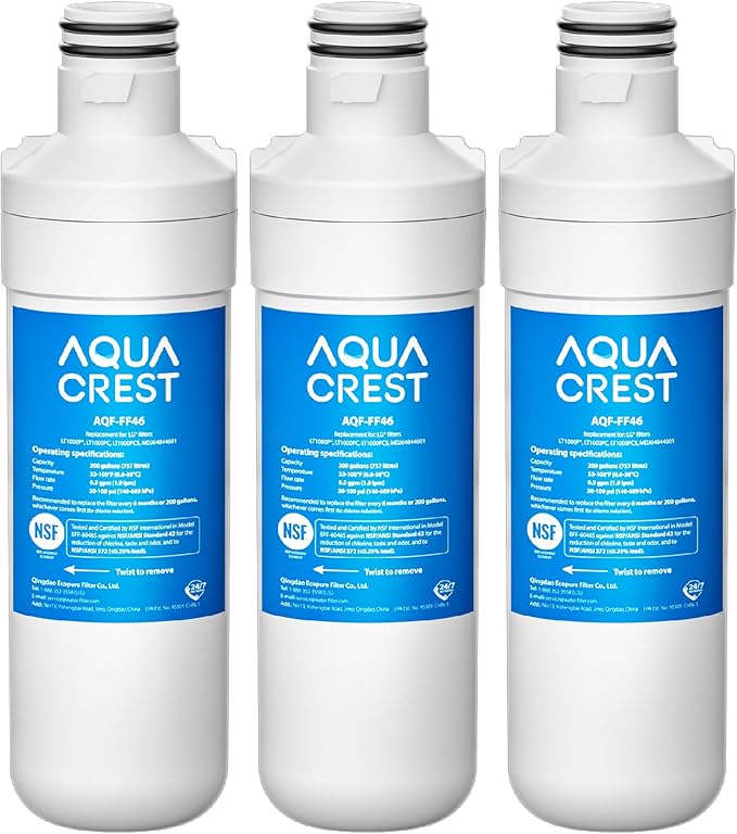 AQUA CREST LT1000PC ADQ747935 MDJ64844601 Refrigerator Water Filter, Replacement for LG® LT1000P®, LT1000PC, LT1000PCS, ADQ74793501, ADQ74793502, LFXS26973S, Kenmore 469980, 9980, 3 Filters