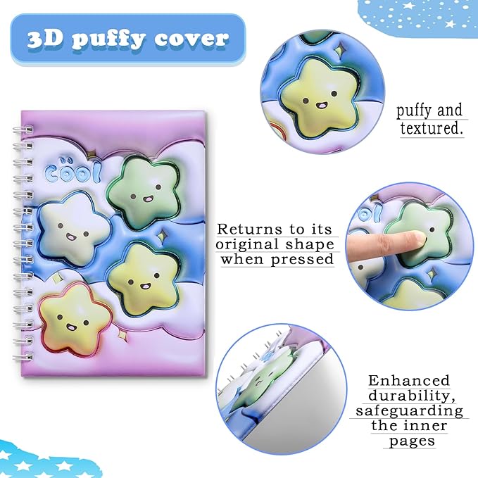 MUDOR Reusable Sticker Collecting Book with Puffy Cover, A5 Size with 40 Sheets Release Paper, Blank Stickers Storage Collection Album Organizer (Star)