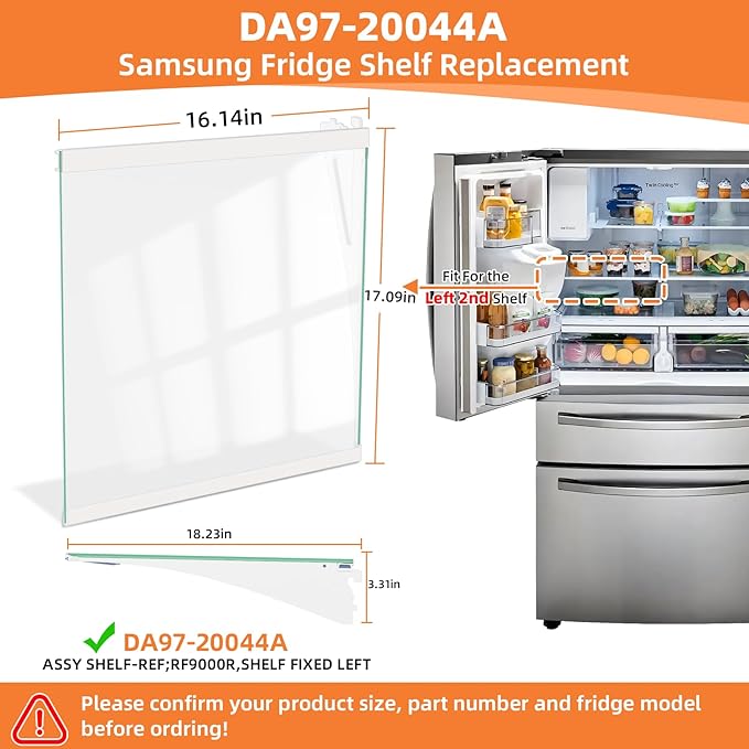 UPGRADED DA97-20044A Refrigerator Glass Shelf For Samsung Fridge Shelf Replacement RF28R7201SR RF28R7351SR RF28R7551SR Fixed Left Middle Shelves Assembly Samsung Refrigerator Parts White Metal Edge