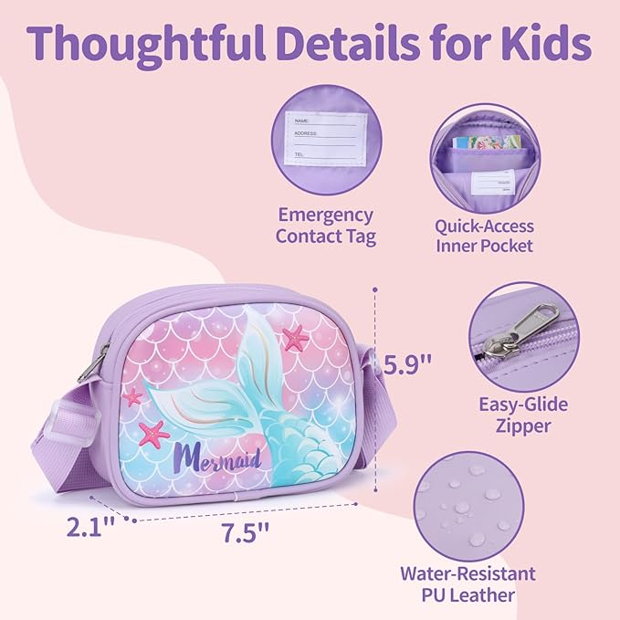Girls Purse with Gift Box - Cute Toddler Purse for 3 4 5 6 7 8 Year Old Girls Birthday Christmas Gifts Kids Crossbody Bag with Adjustable Strap, Purple Mermaid