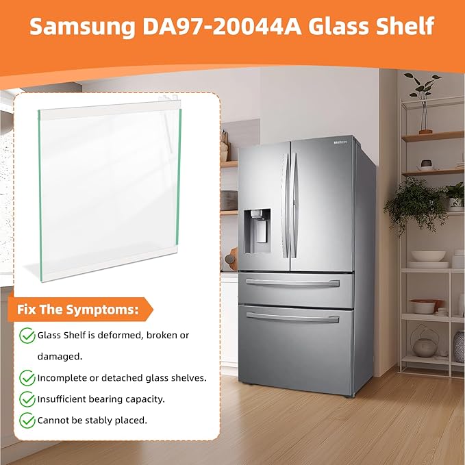 UPGRADED DA97-20044A Refrigerator Glass Shelf For Samsung Fridge Shelf Replacement RF28R7201SR RF28R7351SR RF28R7551SR Fixed Left Middle Shelves Assembly Samsung Refrigerator Parts White Metal Edge