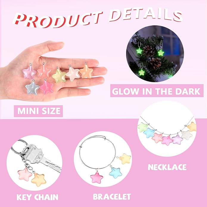 70 Pcs Glow in the Dark Star Charms Luminous Resin Pendants Charms Bulk Star Pendant Bead Pendants for Jewelry Making, 7 Colors