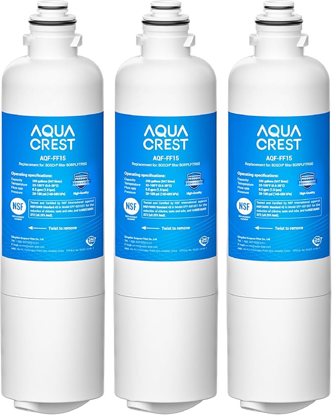 AQUA CREST 12033030 Replacement for Bosch® UltraClarity® Pro BORPLFTR50, 11032531 Refrigerator Water Filter, Compatible with 11025825, BORPLFTR55, B36CD50, B22CS50, B36FD50SNS, B36CT80SNS, 3 Filters
