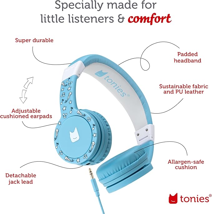 Tonies Foldable Wired Headphones for Kids - Comfortably Designed to fit On-Ear - Works with Toniebox 1 and All 3.5mm Devices - Light Blue