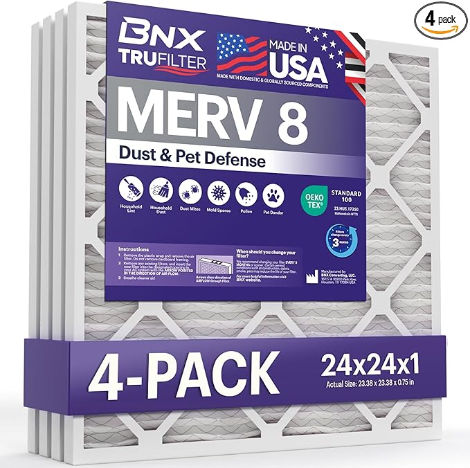 BNX TruFilter 24x24x1 Air Filter MERV 8 (4-Pack) - MADE IN USA – Air Conditioner HVAC AC Furnace Filters for Dust, Pet, Mold, Pollen MPR 600 – 700 & FPR 5 (Actual Size: 23.38 x 23.38 x 0.75 Inches)