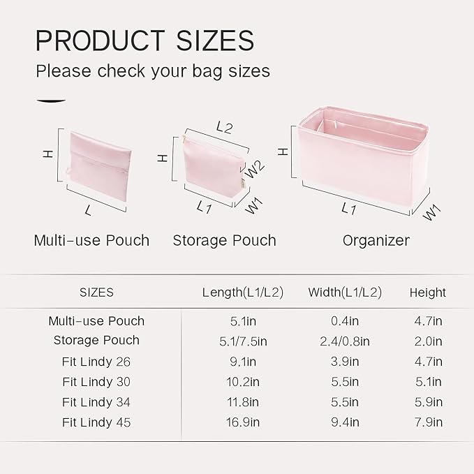 Silky Bag Insert Fit for Hermes Lindy 19/26, Silky Purse Organizer, Lightweight and Silk Touch (Fits Lindy 26, Pink)