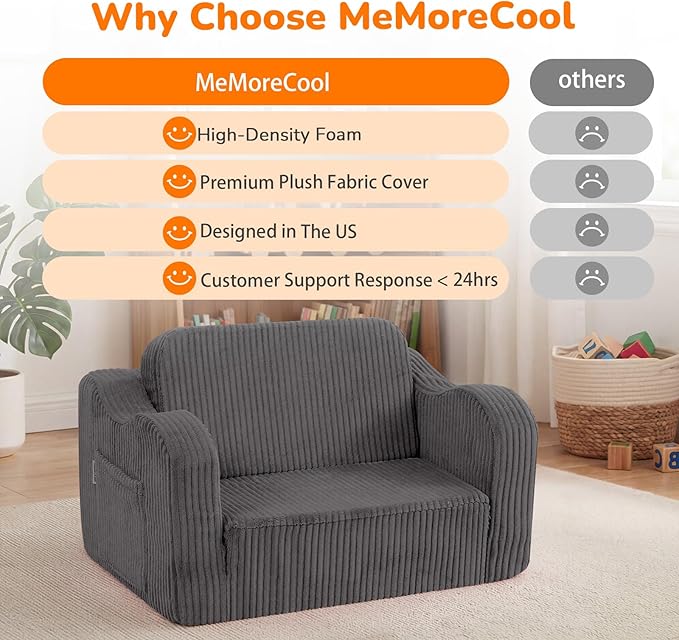 MeMoreCool Toddler Chair Comfy for 1-3 Years Old, Corduroy Kids Couch Bed Fold Out, 2-in-1 Foldable Baby Lounge Chair, Pull Out Children Sofa Bed, Dark Grey