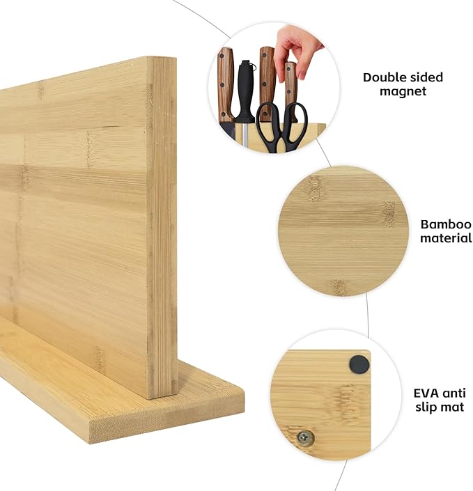 Double Sided Bamboo Magnetic Knife Stand,Kitchen Storage with Strong Magnets for Knives & Utensils,Modern Wooden Knife Block for Kitchen Countertops, Without Knives,10.9"x7"