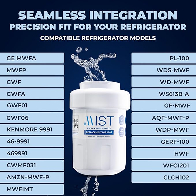 MIST Replacement for MWF Water Filter for GE, Refrigerator Water Filter compatible with MWFP, MWFA, GWF, HWF, Smart Water, WFC1201, Kenmore 9991, 469991, WFC1201, GSE25GSHECSS (3 pack)