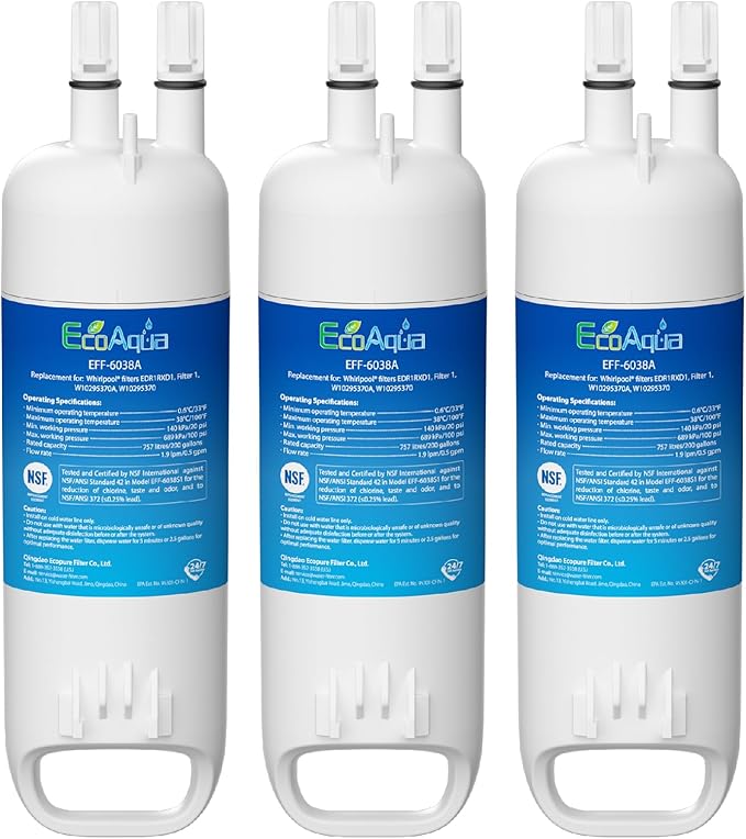 EcoAqua EDR1RXD1 Replacement for Everydrop® Filter 1, W10295370A, EDR1RXD1B, P8RFWB2L, P4RFWB, Kenmore® 46-9081, 46-9930 Refrigerator Water Filter, 3 Pack