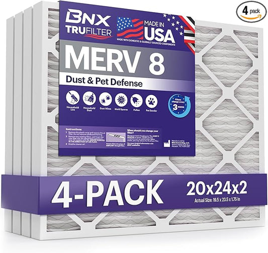 BNX TruFilter 20x24x2 Air Filter MERV 8 (4-Pack) - MADE IN USA – Dust & Pet Defense Electrostatic Pleated Air Conditioner HVAC AC Furnace Filters for Dust, Pet, Mold, Pollen MPR 600 – 700 & FPR 5