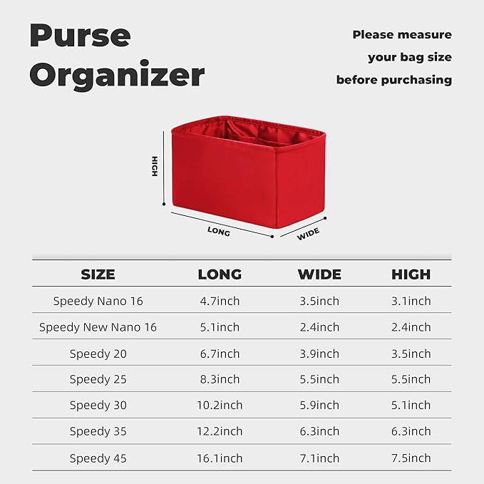 Purse Handbag Silky Organizer Insert Keep Bag Shape Fits LV Speedy 16/20/25/30/35/45 bags, Luxury Handbag Tote Lightweight Sturdy(Rouge moyen, Speedy new nano16)