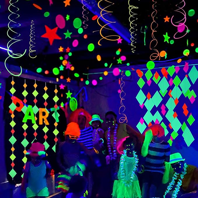 122feet Neon Streamers Glow Garland Glow in The Dark Block Hanging Paper Ornaments Blacklight Reactive Fluorescent Black Light Party Kit Neon Glow Party Supplies and Decorations for Birthday Wedding