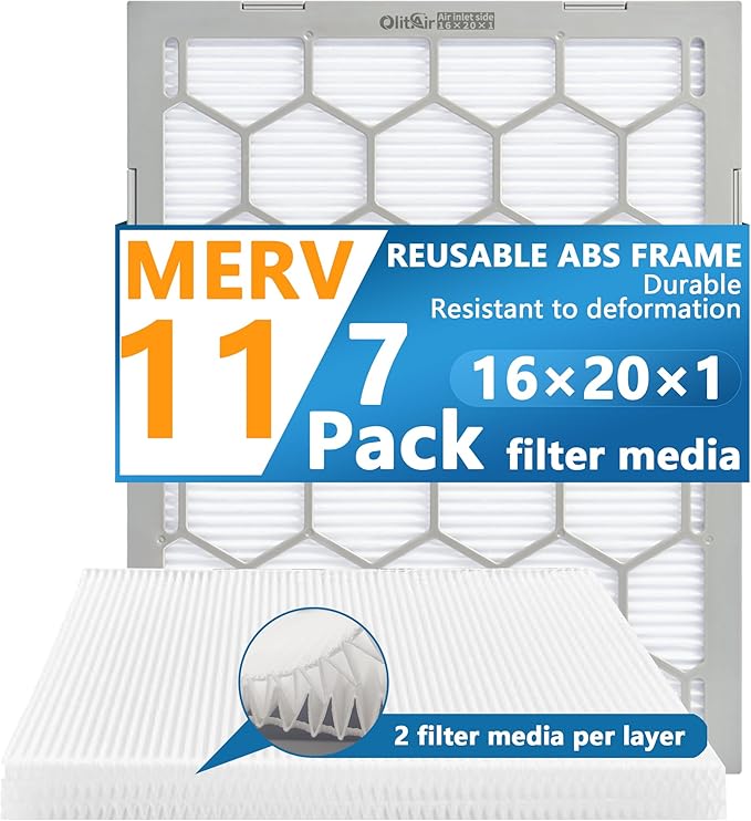 16x20x1 MERV 11 Air Filter,AC Furnace Air Filter,Reusable ABS Plastic Frame, 7 Pack Replaceable Filter Media (Actual Size: 15 3/4" x 19 3/4" x 3/4")
