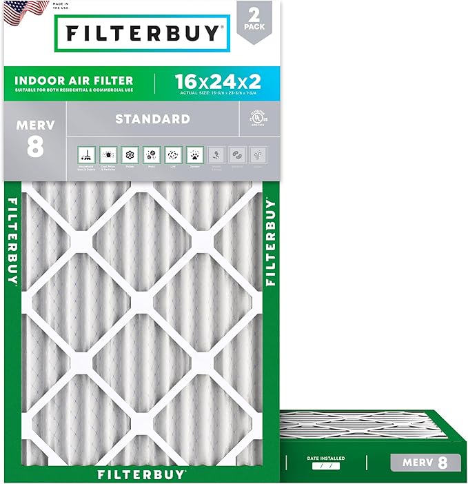 Filterbuy 16x24x2 Air Filter MERV 8 Essential Dust & Allergy Defense (2-Pack), Electrostatic Pleated HVAC AC Furnace Filters Replacement (Actual Size: 15.38 x 23.38 x 1.75)
