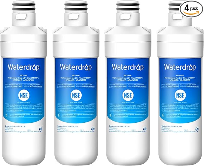 Waterdrop LT1000PC ADQ747935 MDJ64844601 Refrigerator Water Filter, Reduce chlorine, bad taste and odor, Replacement for LG® LT1000P®, ADQ74793501, ADQ74793502, Kenmore 46-9980, Pack of 4