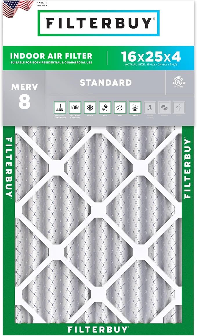 Filterbuy 16x25x4 Air Filter MERV 8 Essential Dust & Allergy Defense (1-Pack), Electrostatic Pleated HVAC AC Furnace Filters Replacement (Actual Size: 15.50 x 24.50 x 3.63)
