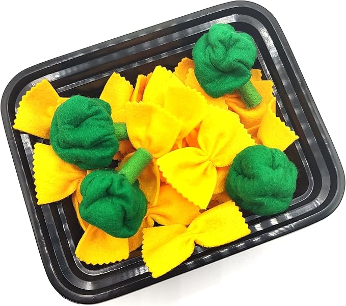 Pasta with broccoli, farfalle, bow tie pasta, felt play food for kids kitchen, pretend play for kids (yellow, set 4 (farfalle, broccoli))