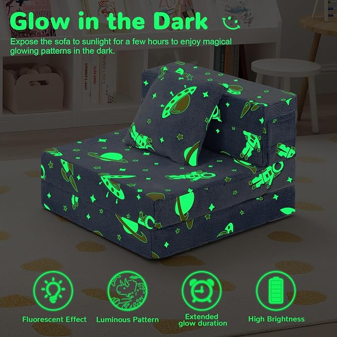MeMoreCool Foldable Futon Chair Bed for Kids, Glow Tri-fold Sofa Bed Convertible Toddler Sofa Mattress, Foam Floor Couch for Sitting, Blue