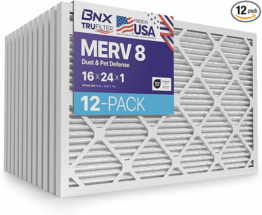 BNX TruFilter 16x24x1 Air Filter MERV 8 (12-Pack) - MADE IN USA – Dust & Pet Defense Pleated Air Conditioner HVAC AC Furnace Filters for Dust, Pet, Mold, Pollen MPR 600 – 700 & FPR 5