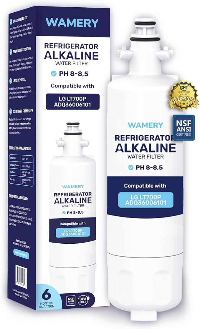 Wamery Alkaline Refrigerator Water Filter Replacement - Model LT700P/LT700PC (ADQ36006101), 6-Month/200-Gallon Life, Twist-In Tool-Free Install, IAPMO to NSF/ANSI 42, Leak-Free Seal, 1 Pack
