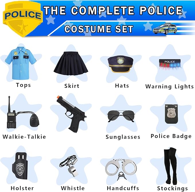 Police Costume for Girls Kid Halloween Costumes Police Officer Cosplay Outfit Toddler Cop Costume Set with Accessories
