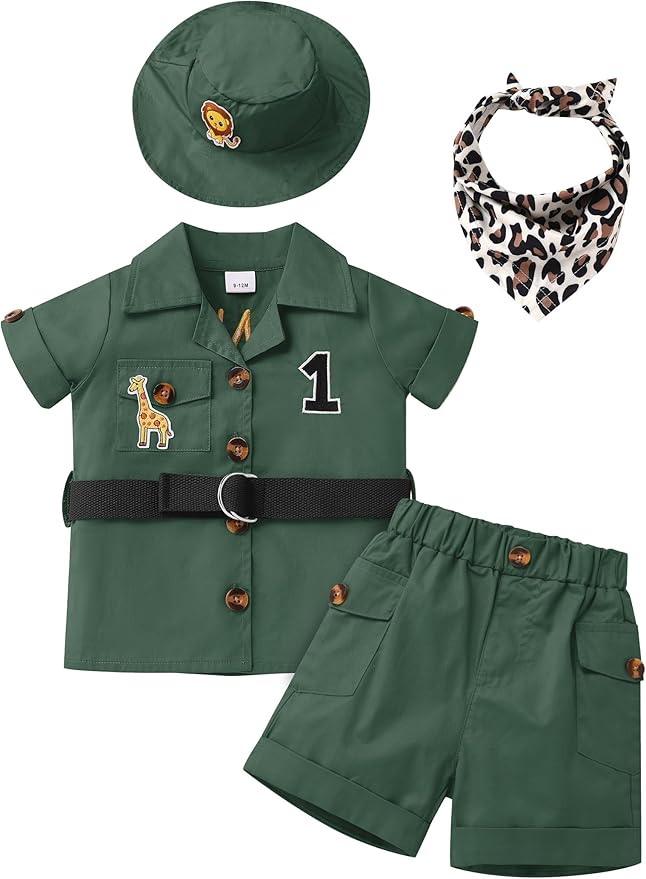 ODASDO Baby Boy Jungle Safari 1st Birthday Cake Smash Outfit Button Down Shirt + Shorts + Hat + Bandana + Belt 5pcs Set