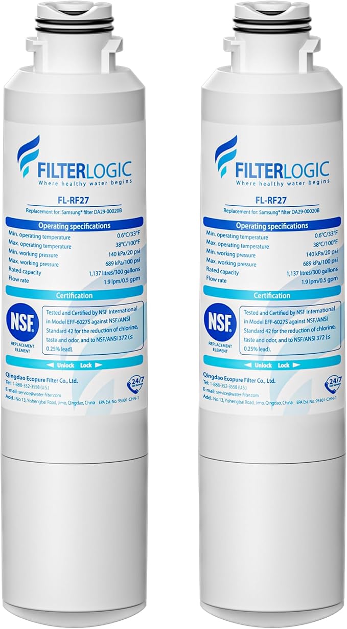 Filterlogic DA29-00020B Refrigerator Water Filter, Replacement for Samsung® HAF-CIN, HAF-CIN/EXP, DA29-00020A/B, DA97-08006A, RF28HMEDBSR, RF4287HARS, RF263TEAESG, RH22H9010SR, 2 Pack