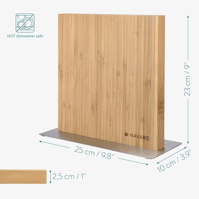 Navaris Magnetic Knife Block - Kitchen Storage with Strong Magnets for Knives & Utensils - Simple Modern Magnet Utensil Holder in Bamboo - 8.9" x 8.7"