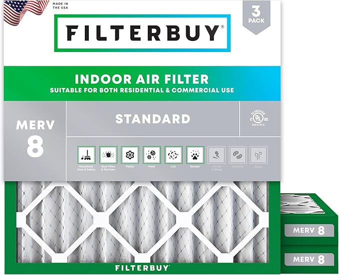 Filterbuy 10x10x2 Air Filter MERV 8 Essential Dust & Allergy Defense (3-Pack), Electrostatic Pleated HVAC AC Furnace Filters Replacement (Actual Size: 9.50 x 9.50 x 1.75)
