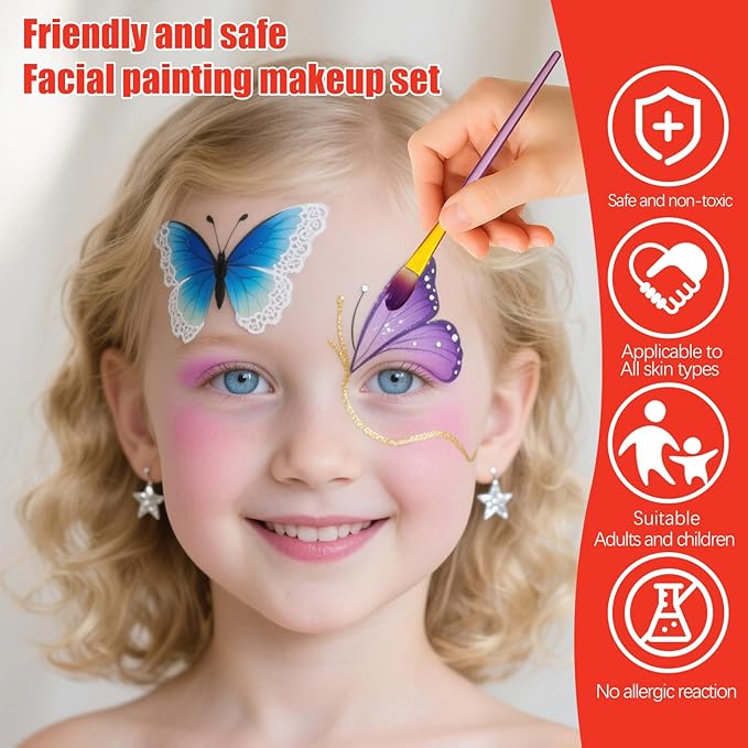 Face Painting Kit for Kids, Professional Face Paint Kit, 42 Colors Washable Facepaint Makeup Kit, Non-Toxic Face Paint with Stencils, Gems, Brushes for Halloween, Party, Birthdays, Carnival, School