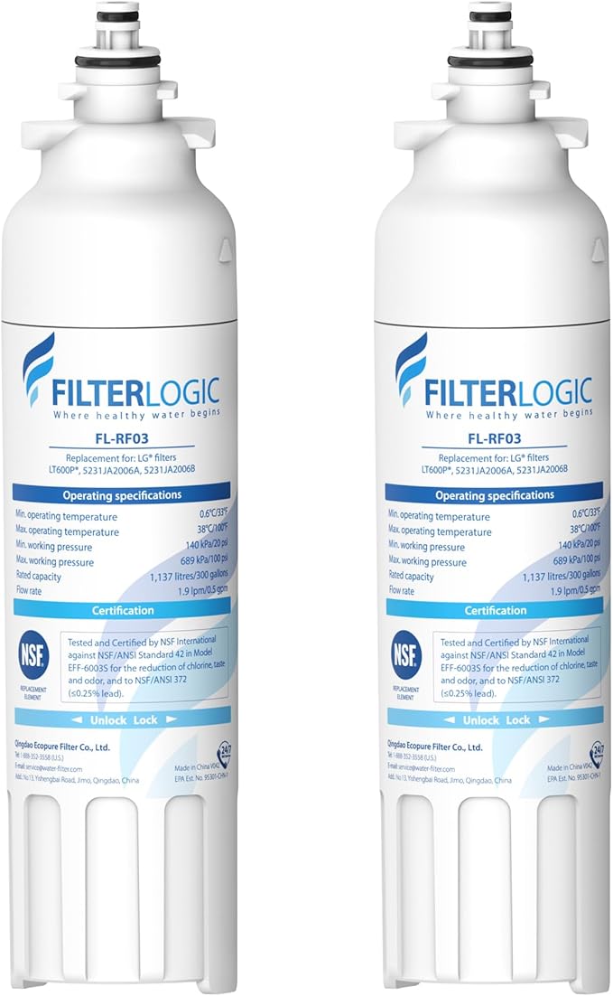 Filterlogic ADQ73613401 Refrigerator Water Filter, Replacement for LG® LT800P®, LT800PC, ADQ736134, ADQ73613402, LSXS26326S, LSXS26366S, LMXS30776S, LSXS26366D, LMXC23746S, 46-9490, 469490, Pack of 2