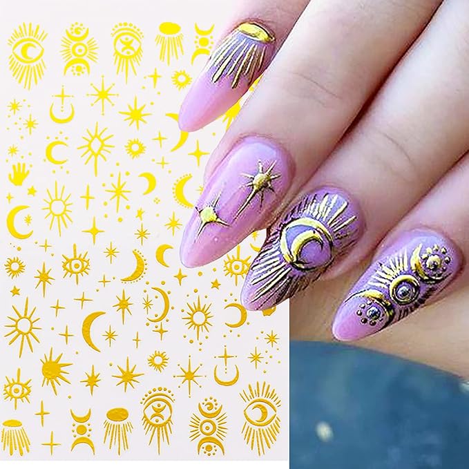 6 Sheets Gold Nail Art Adhesive Sticker 3D Self-Adhesive Nail Decals Art Design Holographic Moon Sun Stars Nail Art Sticker Decoration for Women Manicure Tips Acrylic Nails DIY Nails Art Supplies