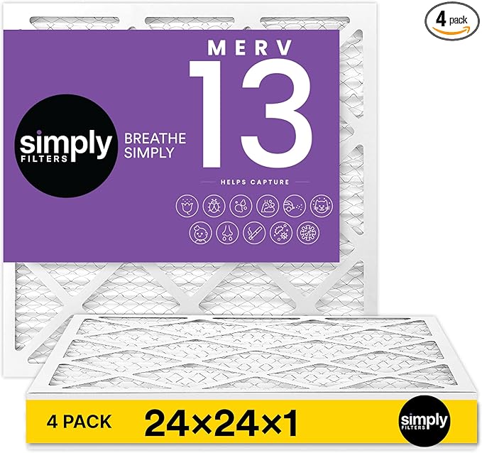 Simply 24x24x1 Air Filter, MERV 13, 4 Pack, For Home AC Furnace & HVAC (Actual Size: 23.75"x23.75"x0.75") DUST, Pet, & Allergy Control