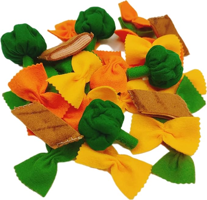Pasta with broccoli, farfalle, bow tie pasta, felt play food for kids kitchen, pretend play for kids (tri-colors, set 3 (farfalle, broccoli, chicken))